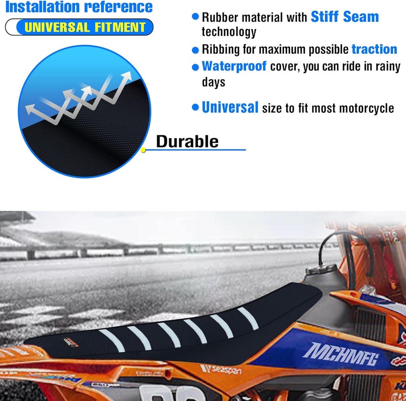 MCHMFG Motorcycle Universal Seat Cover Non-Slip Rubber Striped Gripper Soft Sewing for CRF WR WRF RMZ YZF SXF EXC EXC XC SX CR KLX Dirt Pit Bike Motocross Off Road Motorbike (White) - Image 5